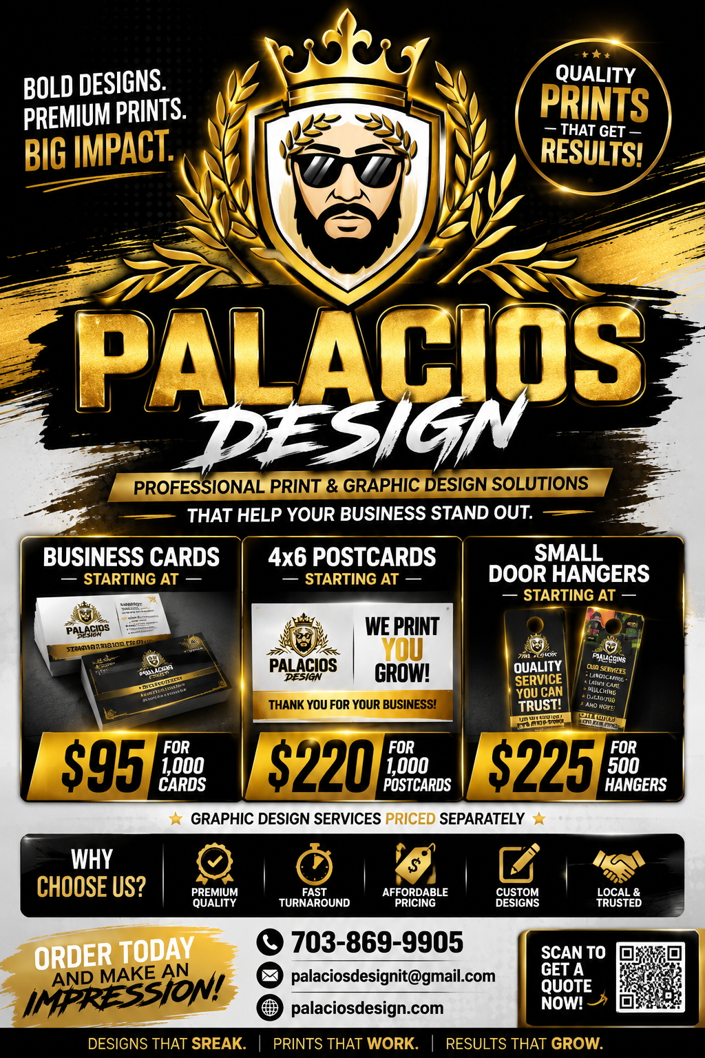 Palacios Design promotional flyer showing services and pricing